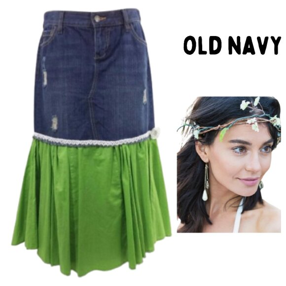 OLD NAVY Upcycled Refashioned Distressed Long Jean Skirt - Women's 6 - Picture 1 of 7